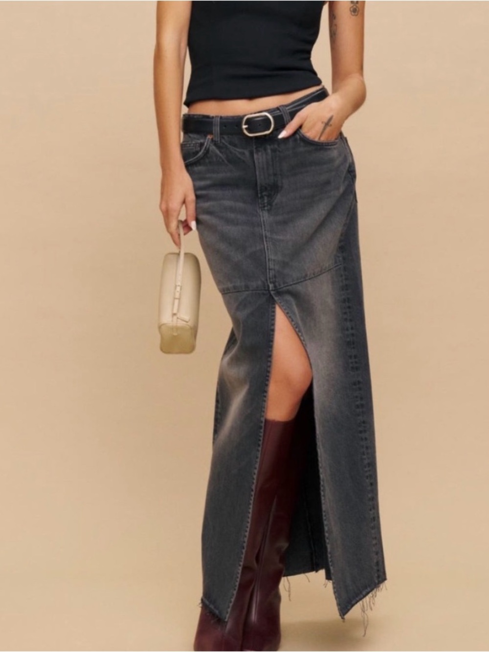 Reformation Tazz Black Denim Maxi Skirt with Front Slit